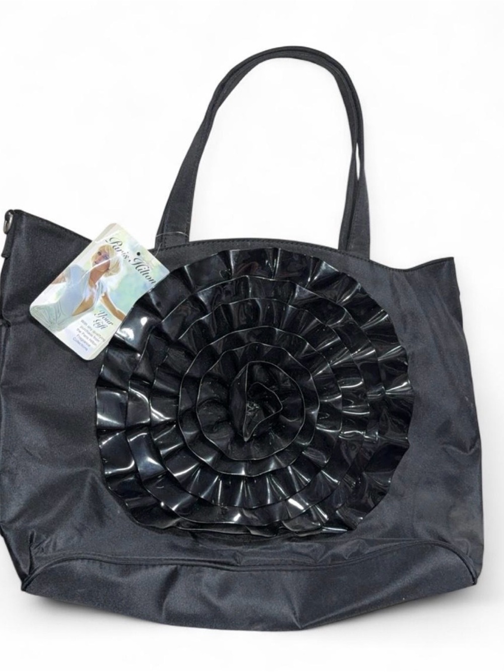 Paris Hilton Black Tote with Glossy Rosette Front